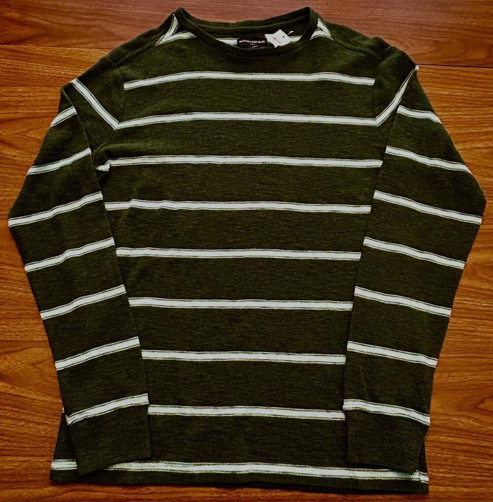 Banana Republic Men’s Med. Cotton Crewneck Sweater NWT, Olive Green/Blue Striped